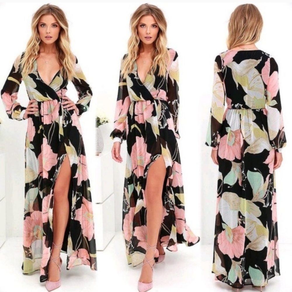 Lulu's Wondrous Water Lilies Black Floral Print Mixi Dress Size M